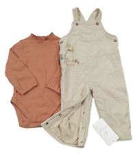 Nové - 2Set - Smetanové manšestrové laclové podšité kalhoty s králíčkem - Peter Rabbit + skořicové žebrované body M&S