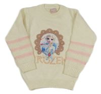 Smotanový sveter s Elsou a kamienkami a svetloružovymi pruhmi