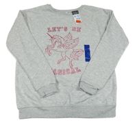 Nové - světlešedá melírovaná mikina s jednorožcem a nápisy PRIMARK