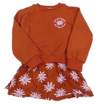 Hrdzavé šaty s kvetmi a nápismi L&D