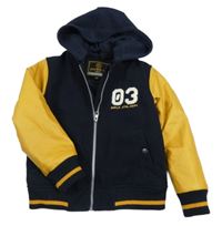 Tmavomodro-hořčicový flaušovo/koženkový zateplený bomber s číslom a kapucňou C&A