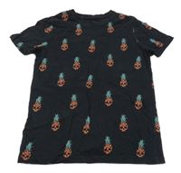 Čierne tričko s ananasy/lebkami PRIMARK