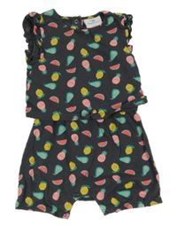 Tmavošedý kraťasový overal s ovocem a melouny a volánky Topomini