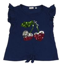 Tmavomodré tričko s třešničkami/srdíčky z překlápěcích flitrů a volánikmi a uzlom BLU KIDS