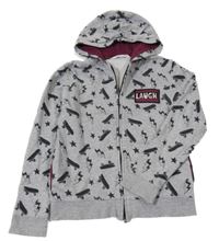 Sivá melírovaná prepínaci mikina so skateboardmi  a bleskami a nápisom a kapucňou H&M