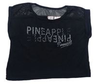 Čierne crop tričko s logom a sieťovinou Pineapple
