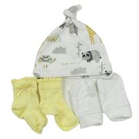 3set- Biela čapica so zvířátky + žluté ponožky + Bílé novorozenecké rukavice Next