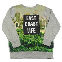 Šedo-zelená mikina s mrakodrapy a nápisem H&M