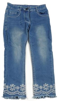 Modré rifle s výšivkami květů a motýlom