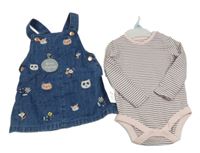 Nové - 2set - Modré riflové laclové šaty s výšivkami zvířat a květů + růžovo-černé pruhované žebrované body F&F