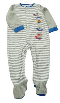 Zelenošedo-bílý pruhovaný sametový overal se zvířecími superhrdiny C&A