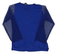 Safírové triko s tylovými puntíkatými rukávy