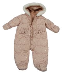 Růžová šusťáková zimní kombinéza s hvězdami a kapucí s kožešinou Matalan