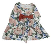 Bielo-farebné kvetované šaty s mašlou a opaskom shein