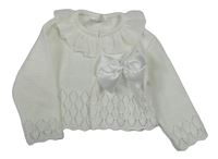 Bílý lehký perforovaný propínací svetr s mašlí 