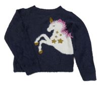 Tmavomodrý chlpatý sveter s jednorožcom M&Co.