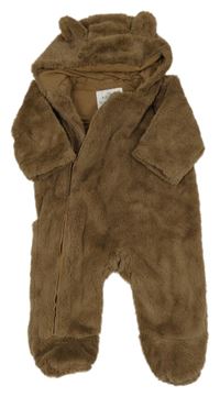 Hnedá kožušinová podšitá kombinéza s kapucňou a uškami zn. M&S