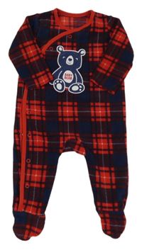 Tmavomodro-červený fleecový kostkovaný overal s medvídkem Nutmeg