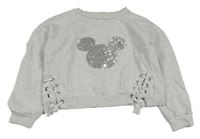 Svetlosivá crop mikina s vázáním a Mickeym z flitrů Disney