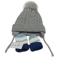 Nové - 2set - šedá čepice s bambulí + modro-bílé pruhované rukavice 