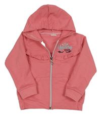 Růžová propínací mikina s nápisem a volánkem a kapucí 