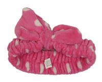 Růžová puntíkatá plyšová kosmetická čelenka s mašlí 