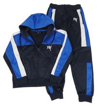 Tmavomodro-modro-bílá propínací mikina s výšivkou a kapucí + tepláky 