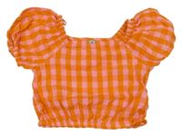 Oranžovo-neónově ružové kockované crop tričko Tu