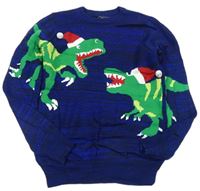 Modro-čierny melírovaný sveter s dinosaurami Next