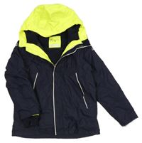 Tmavomodro-neónově žltá šušťáková jarná bunda s kapucňou Decathlon