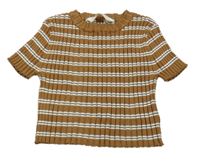Hnedo-biele pruhované rebrované pletené crop tričko H&M
