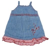 Modro-červené rifľové šaty s kvetinami a volány Topolino