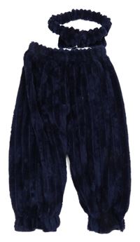 2 set - Tmavomodré chlupaté žebrované tepláky + čelenka s mašlí