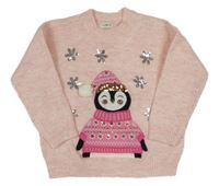 Svetloružový melírovaný sveter s tučňákem a vločkami z flitrů F&F