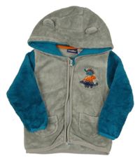 Sivo-petrolejová plyšová bunda s dinosaurami a kapucňou s uškami lupilu