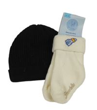 2set - Černá žebrovaná čepice + bílé thermo ponožky - nové