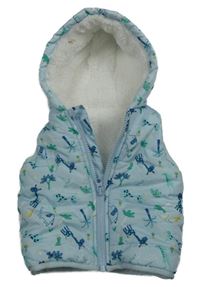 Světlemodrá šusťáková zateplená vesta se slony a kapucí 