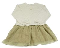 Smotanové teplákové šaty s kvietkom a tylovou třpytivou sukní Sfera