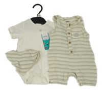 Nové - 3set - Světlebéžovo-zelený pruhovaný mušelínový kraťasový overal + žebrované body + slinták