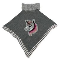 Šedé svetrové pončo s jednorožcem z flitrů a rolákem