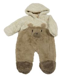 Hnedo-béžová kožušinová zateplená kombinéza s medvedíkom a kapucňou Tu