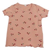 Korálové žebrované tričko s třešničkami 