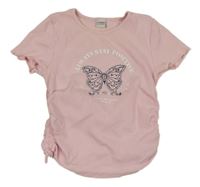 Světlerůžové žebrované nařasené crop tričko s motýlem LC Waikiki