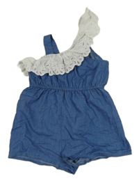 Modrý kraťasový overal riflového vzhledu s volánky PatPat