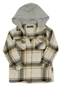 Smetanovo-béžovo-černá kostkovaná flanelová košile s kapucí Matalan