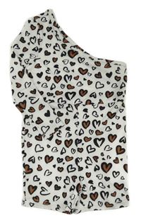 Nové - Biely kraťasový overal so srdiečkami a jedním rukávom Shein