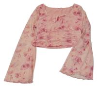 Světlerůžová síťovaná podšitá crop halenka s květy Shein