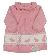 Ružovo-biele pletené šaty so králíčky a volánikom little Nutmeg