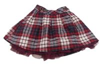 Vínovo-smetanovo-tmavomodro-červená kockovaná vlnená sukňa s přezkami NUTMEG