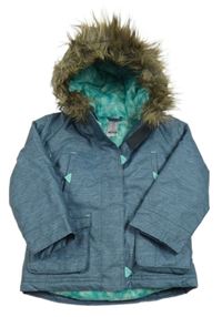 Modro-černošedá melírovaná šusťáková funkční zimní bunda s kapucí s kožešinou Quechua